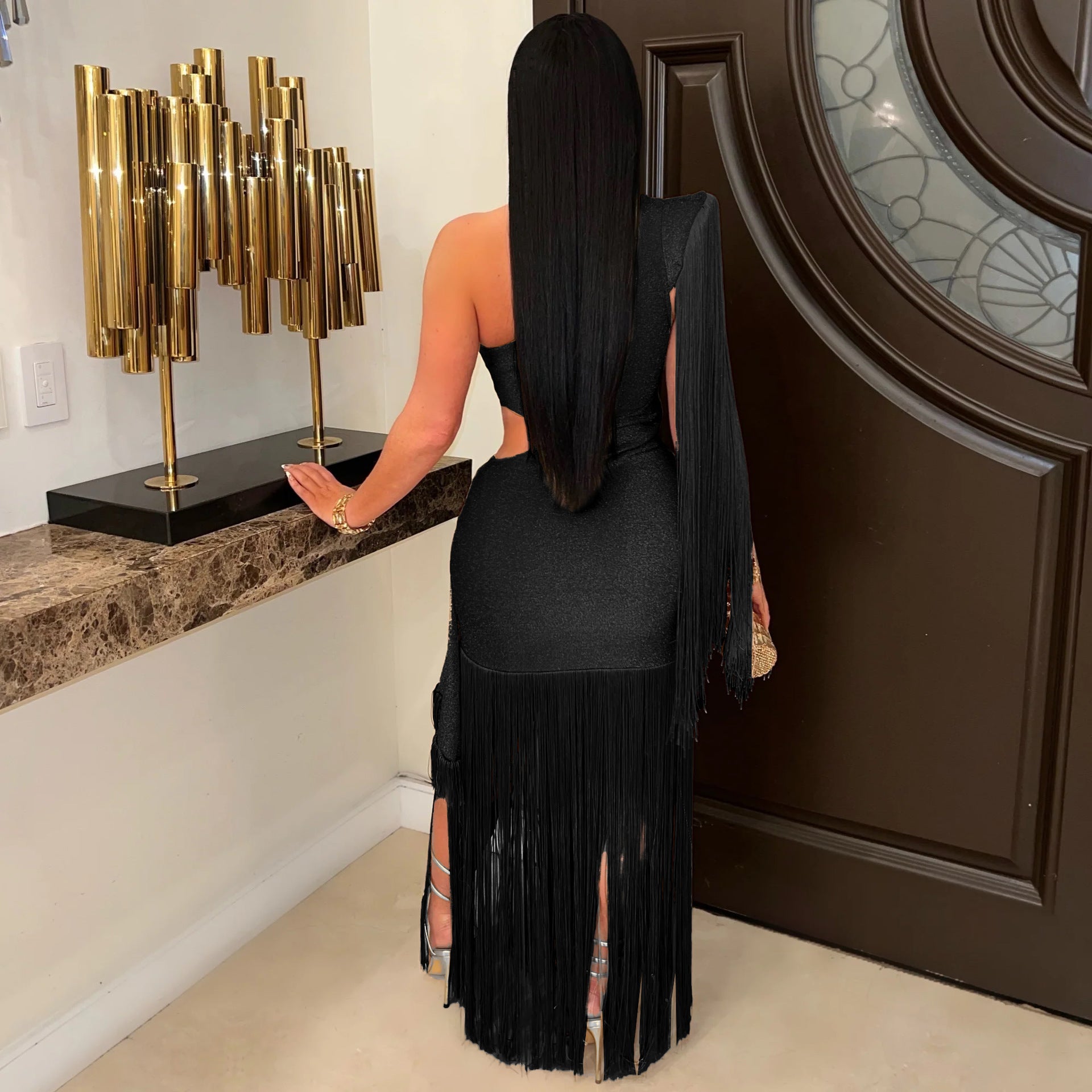 One-Shoulder Asymmetric Tassel Maxi Dress 8