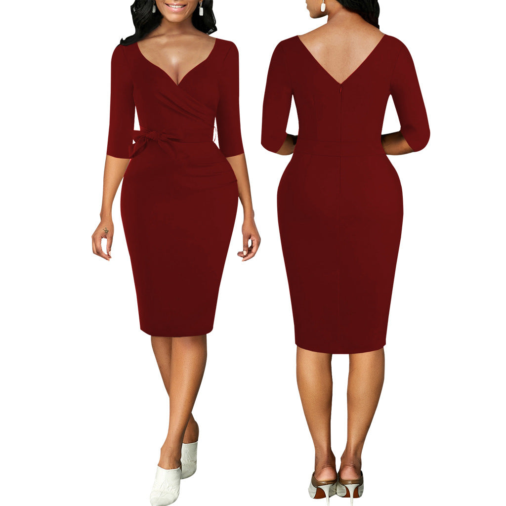 Women Sexy Solid Lace-Up V-Neck Mid Sleeve Dress 10