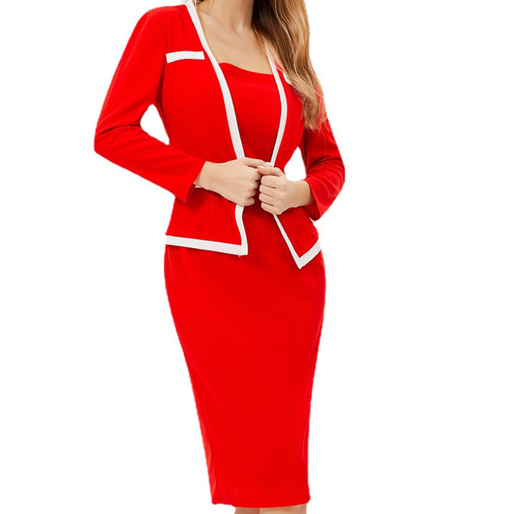 Women's Three Quarter Sleeve Fake Two Piece Patchwork Professional Bodycon Dress 5