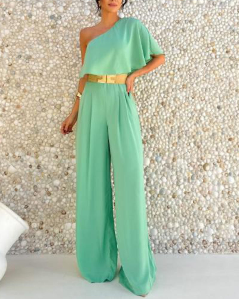 Light Green One-Shoulder Jumpsuit No Belt