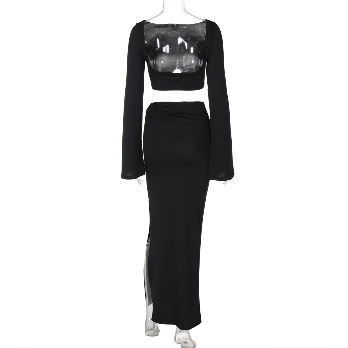 Women Solid Bell Bottom Long Sleeve Slit Top and Long Skirt Two-piece Set 7