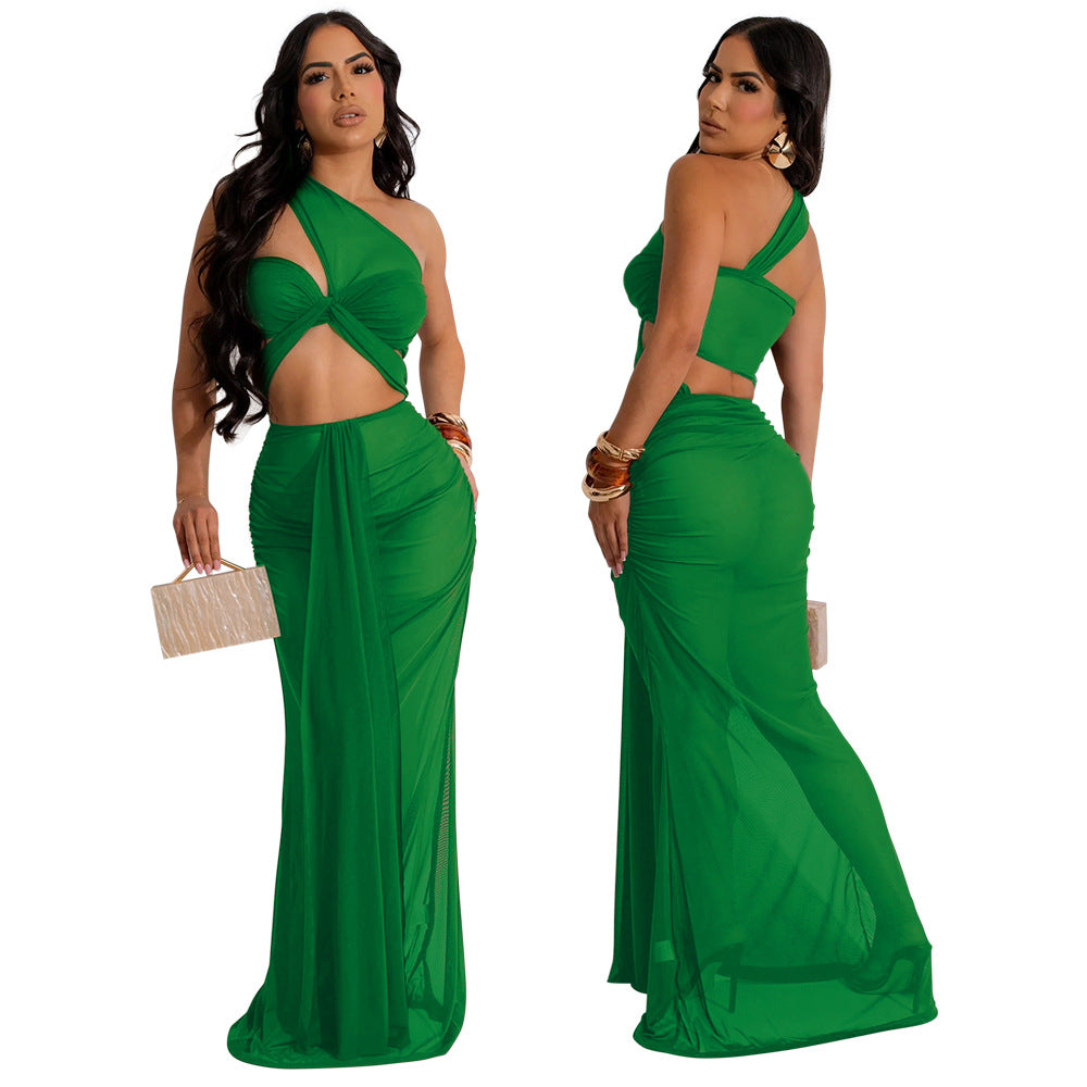 Fashionable Sexy See-Through Mesh Irregular Long Dress Including Underwear 4