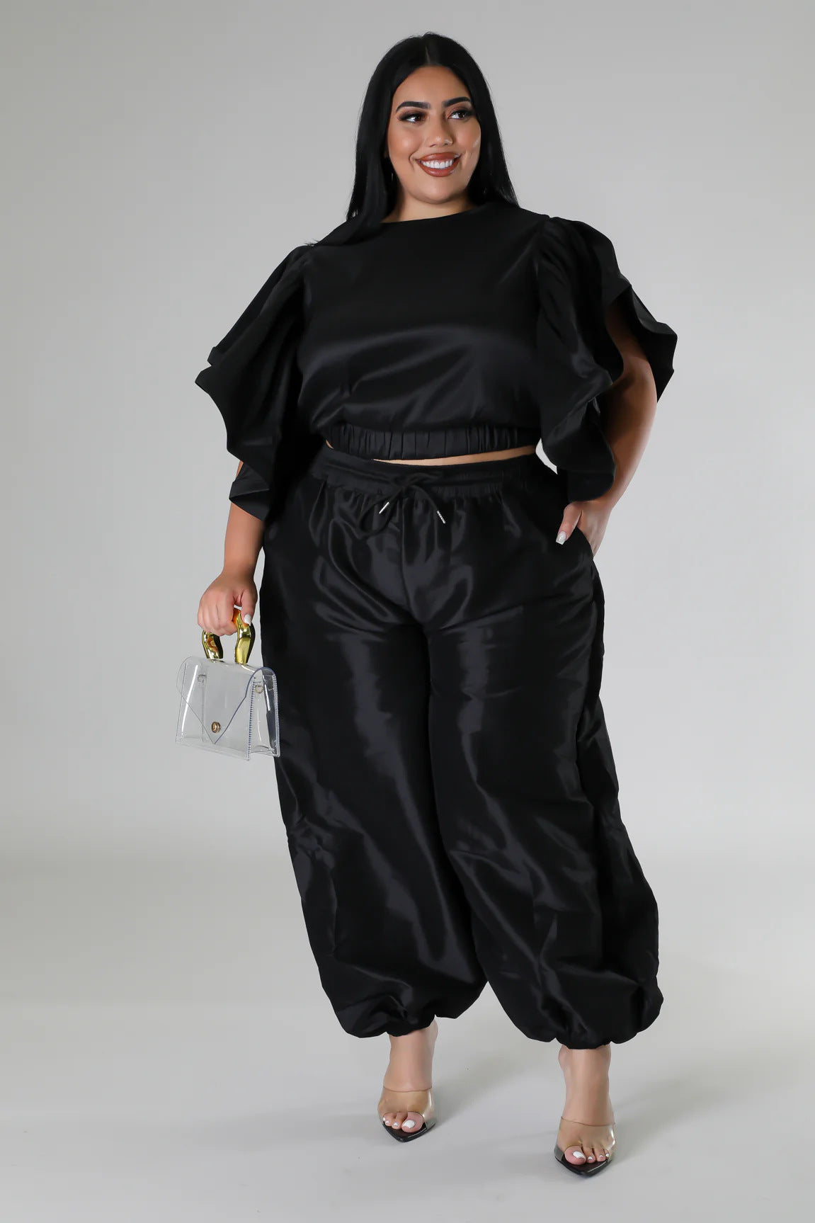 Women Ruffle Edge Sleeve Lace-Up Top and Elastic Pants Two-piece Set 18