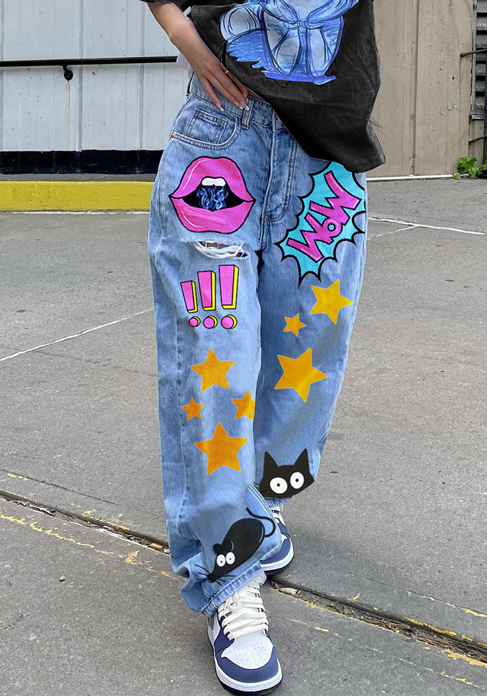 Women autumn retro printed Denim Pants