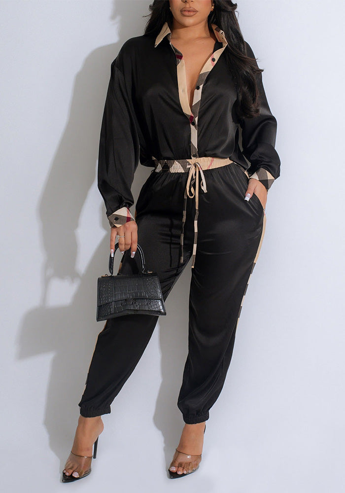 Women Contrast Patchwork Shirt and Cuffed Pants Two-piece Set