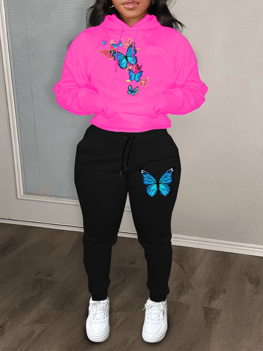 Casual Color Block Cartoon Butterfly Print Hoodies Sweatpants Women Two Piece Set 3