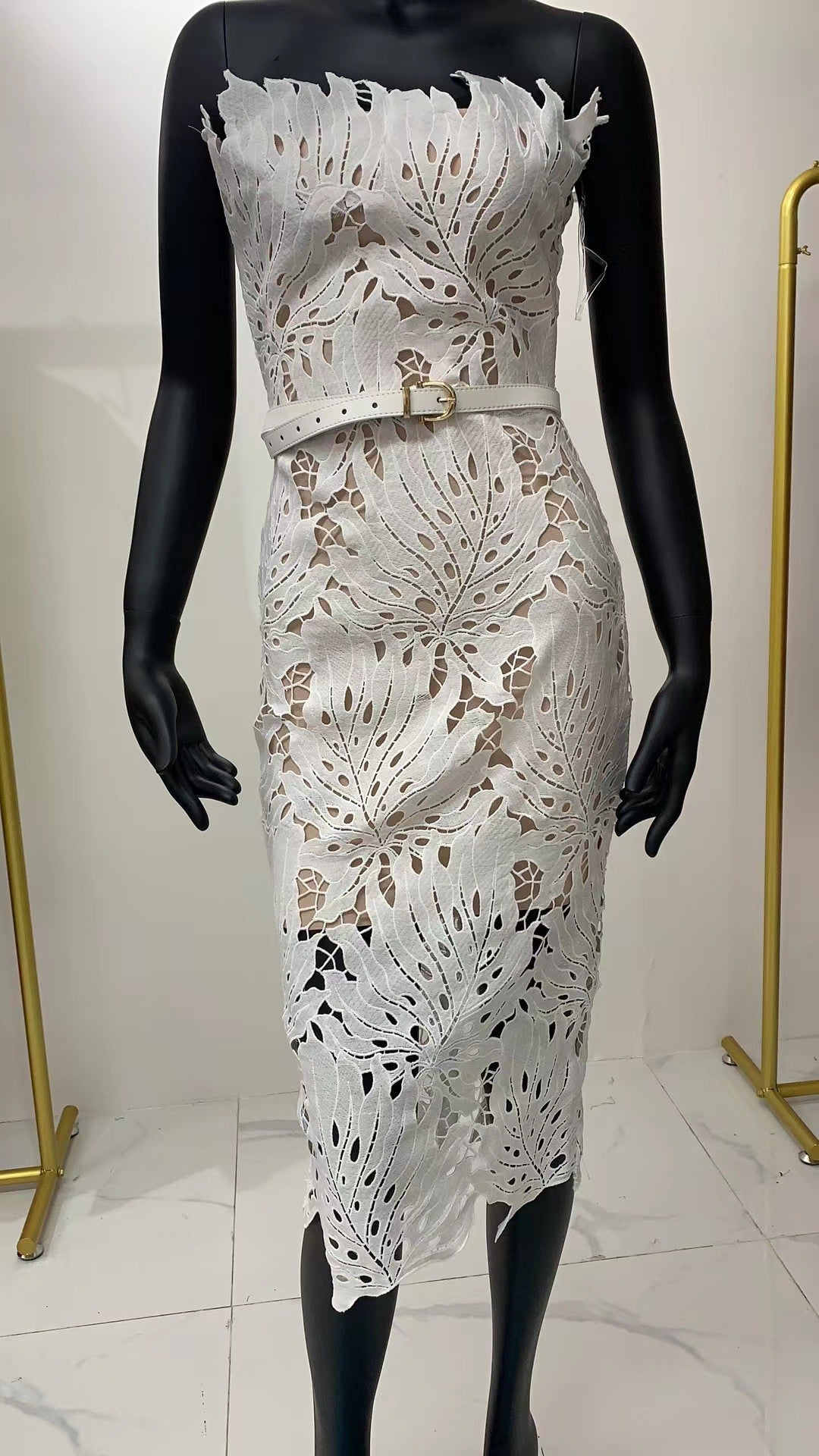 Women knitting sleeveless Strapless Lace white dress 6