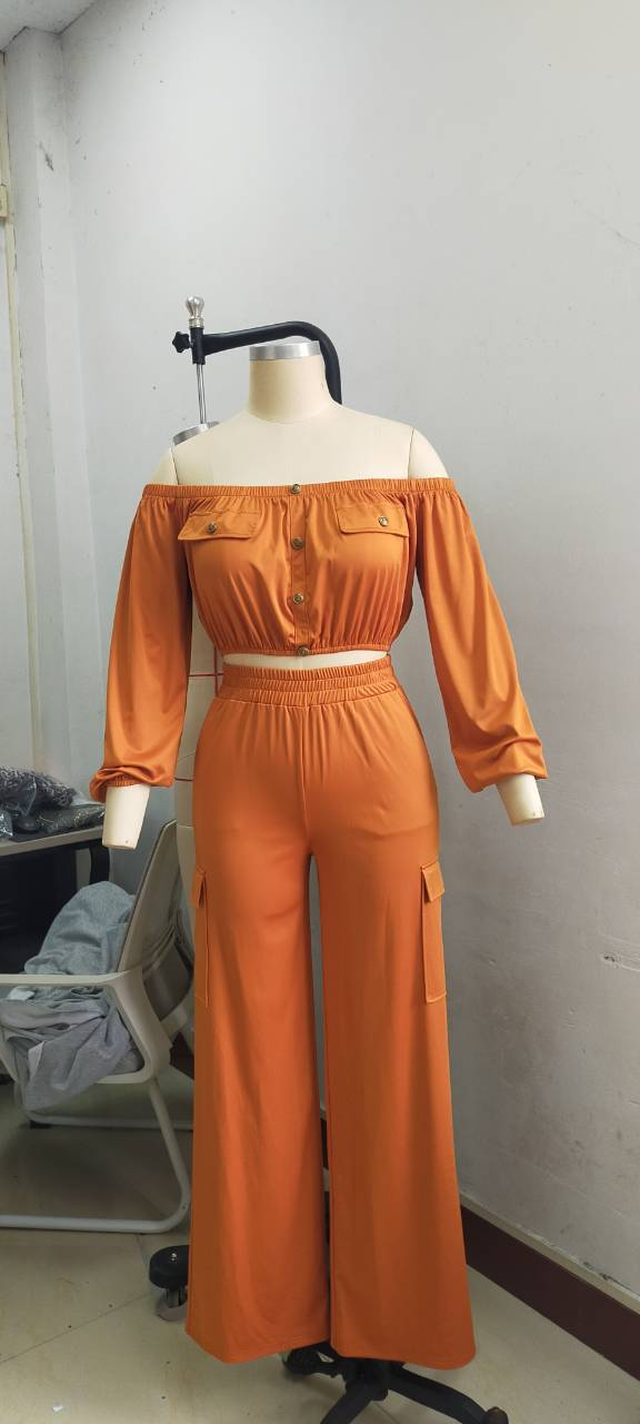 Women Solid Sexy Off Shoulder Long-sleeved Top and Wide-leg Pants Two-piece Set 15