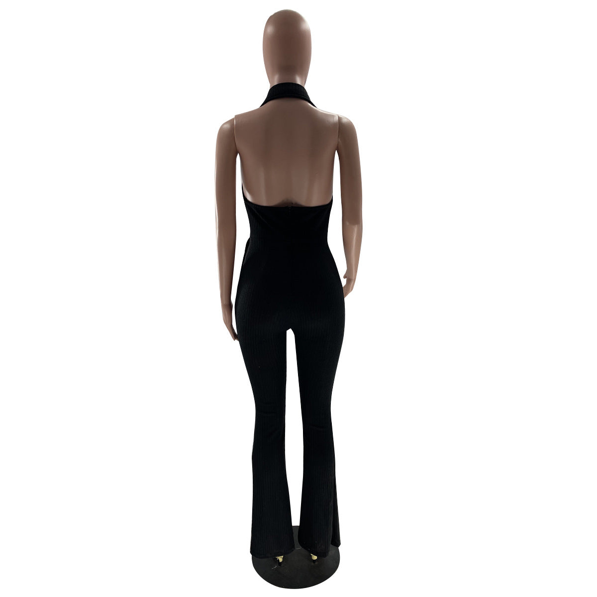 Women's Solid Color Sexy Low Back Halter Neck Turndown Collar Jumpsuit 21