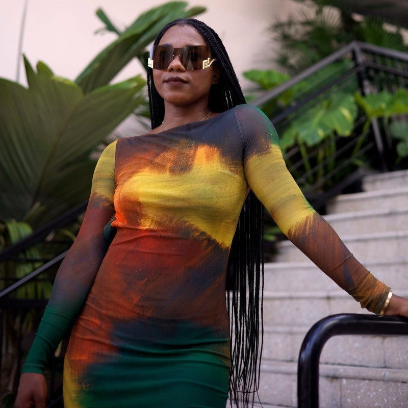 Women Fall Off Shoulder Long Sleeve Print Dress 8