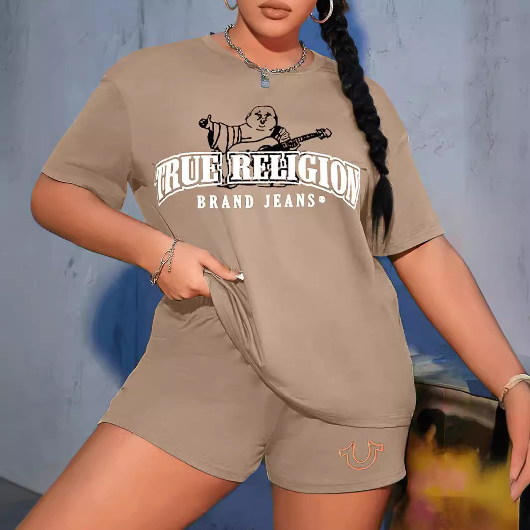 Women's Letter Printed Short-Sleeved T-Shirt Shorts Summer Round Neck Casual Two-Piece Set 3