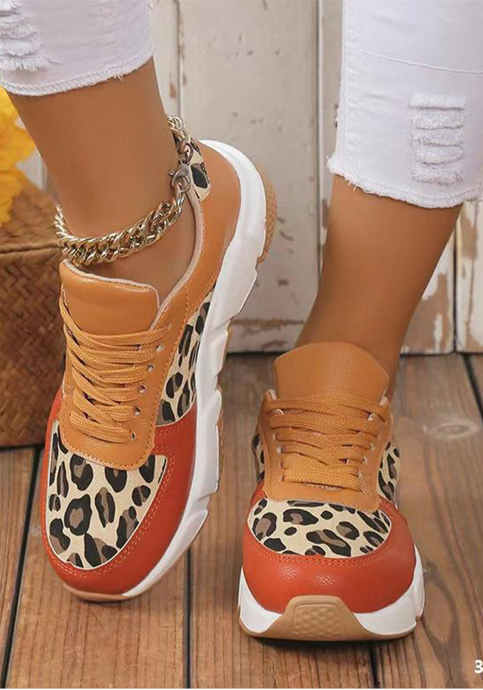 Women's Autumn And Winter Thick Bottom Round Toe Lace Leopard Print Casual Shoes Plus Size Sports Shoes