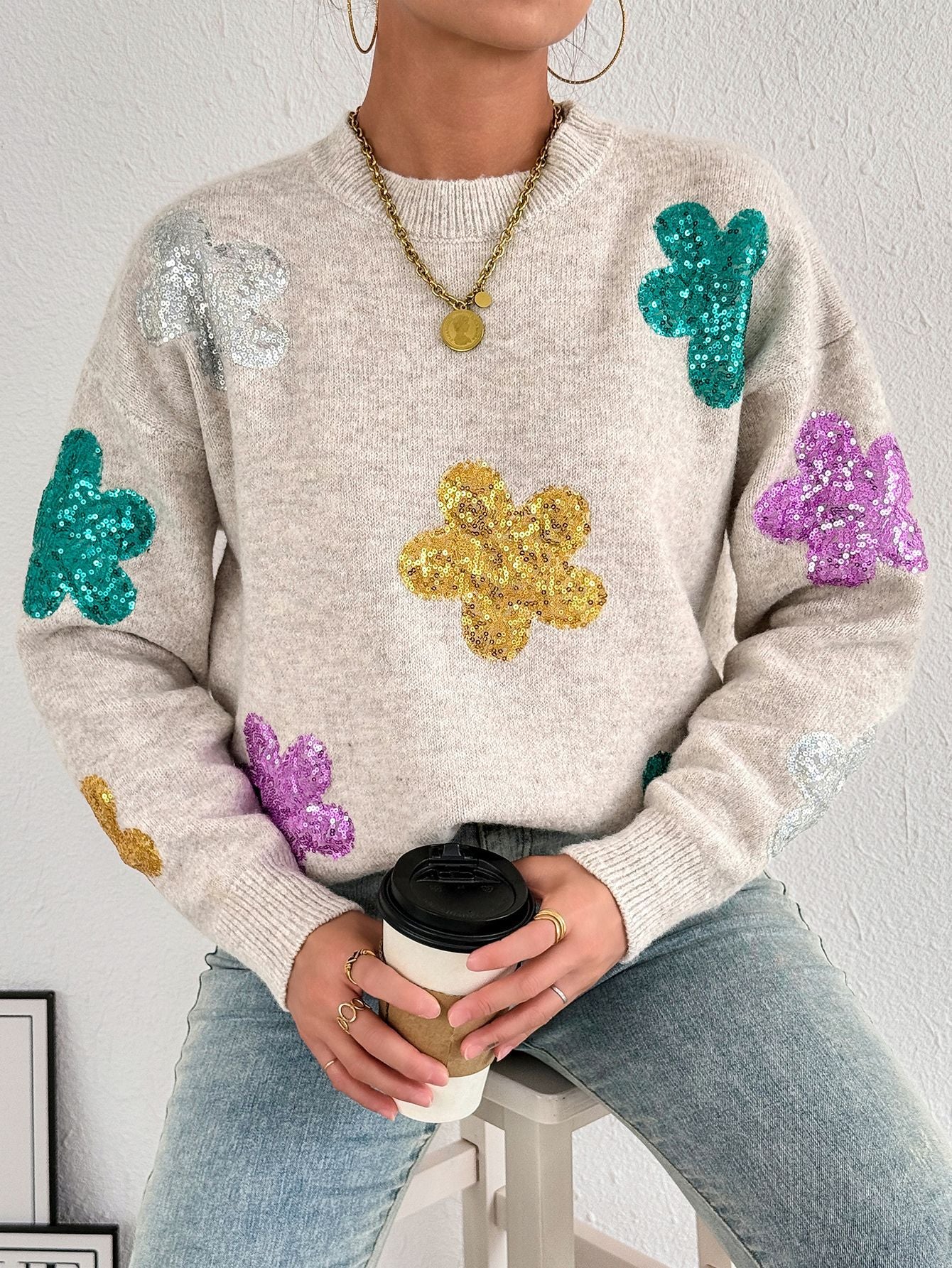 Women autumn/winter multi-color flower sequin embroidery round-neck long-sleeved sweater 6