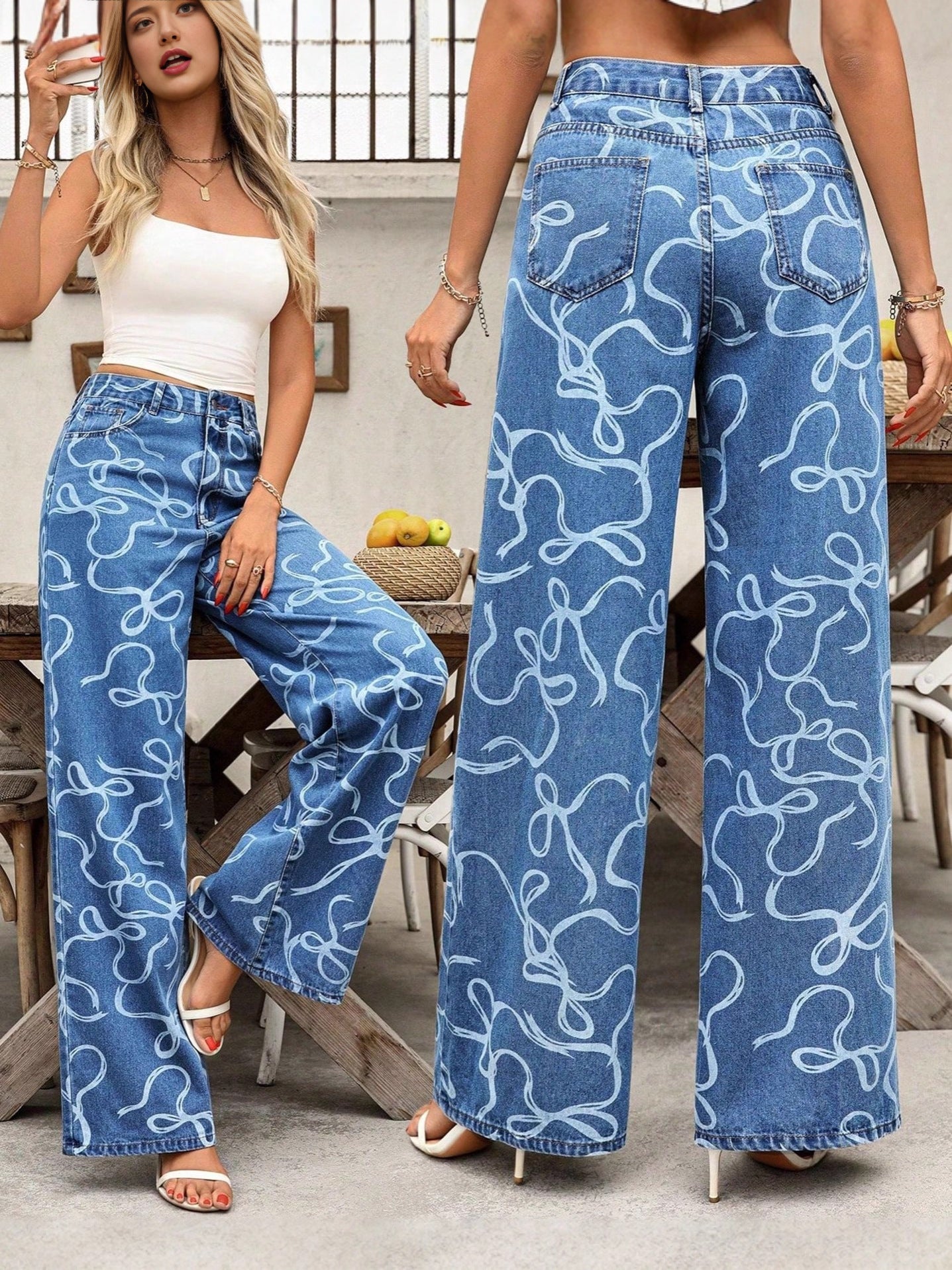 Women Casual Printed Denim Wide-Leg Pants 6