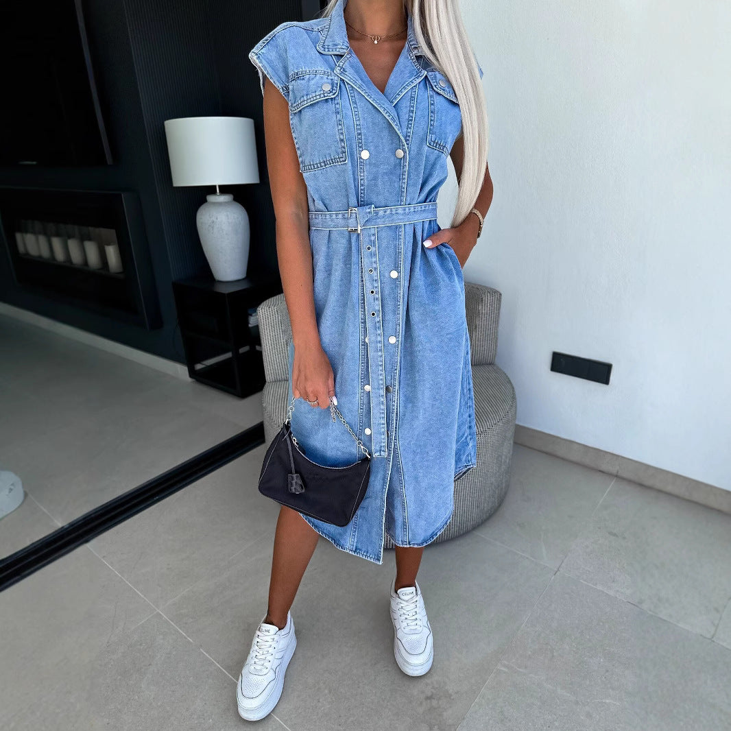 Women's Sleeveless Buttoned Belt Denim Dress 5