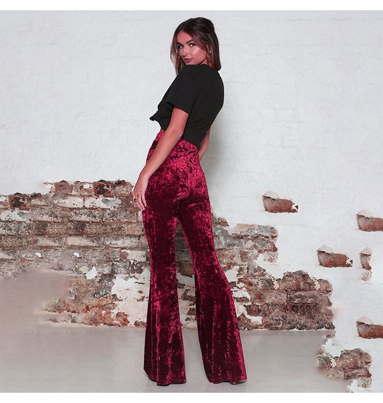 Women High Waist Gold Velvet Casual Wide Leg Bell-Bottom Pants 7