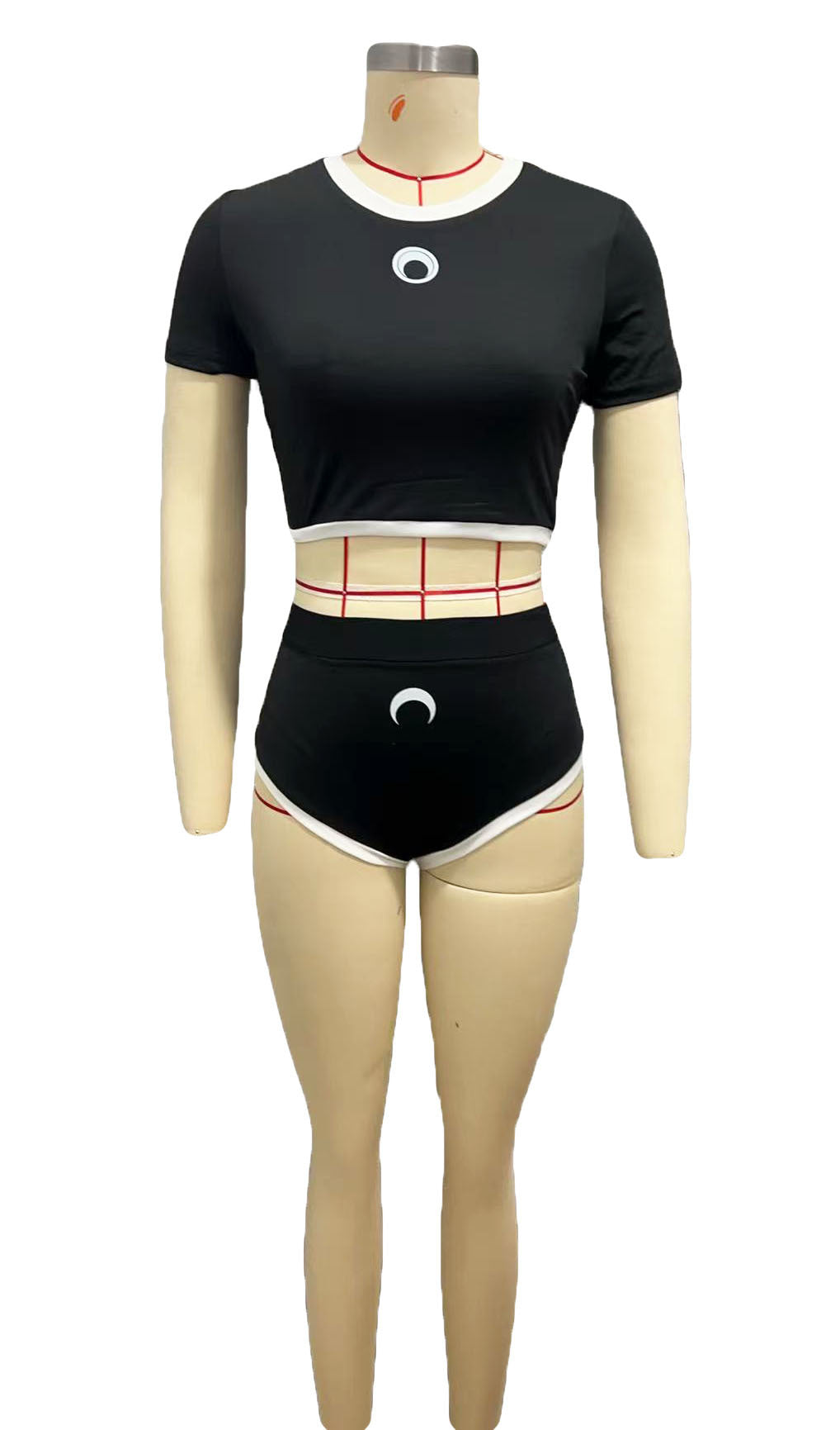 Black And White Patchwork Round Neck Moon Print Tight Fitting Two Piece Shorts Set 9