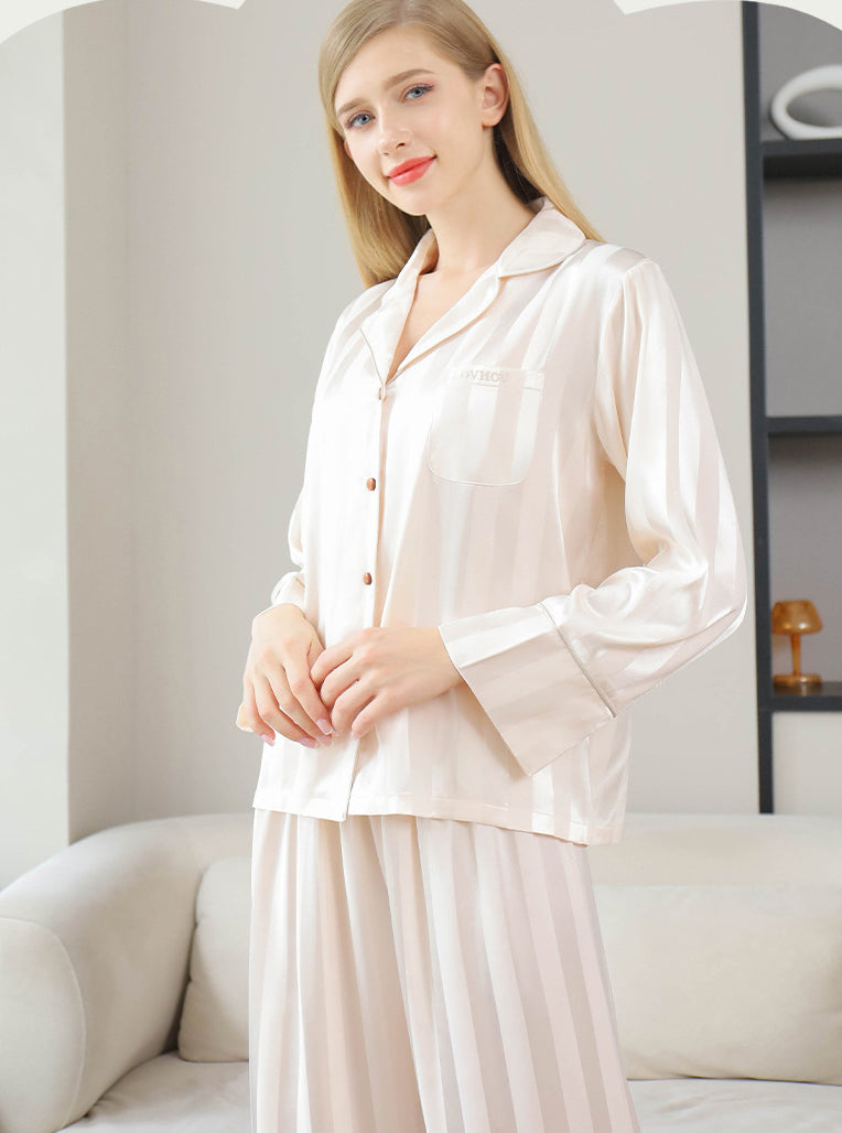 Ice Silk Couple's Pajamas Set Long Sleeve Nightwear for Men & Women 12