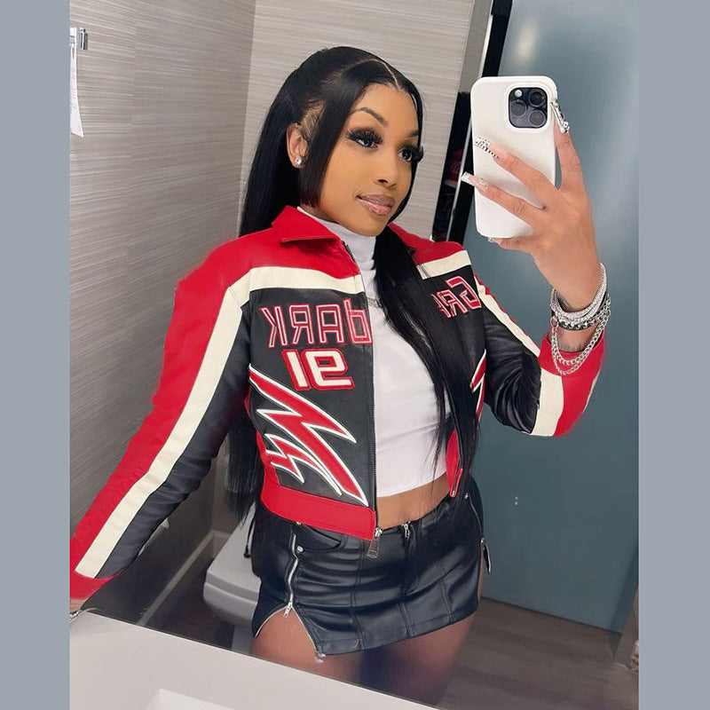 Women Embroidered Turndown Collar Zipper Crop Jacket 4