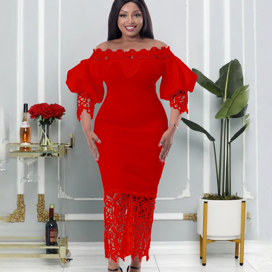 Off Shoulder Off Shoulder Bodycon Lace Patchwork Balloon Sleeve Gown Dress 4