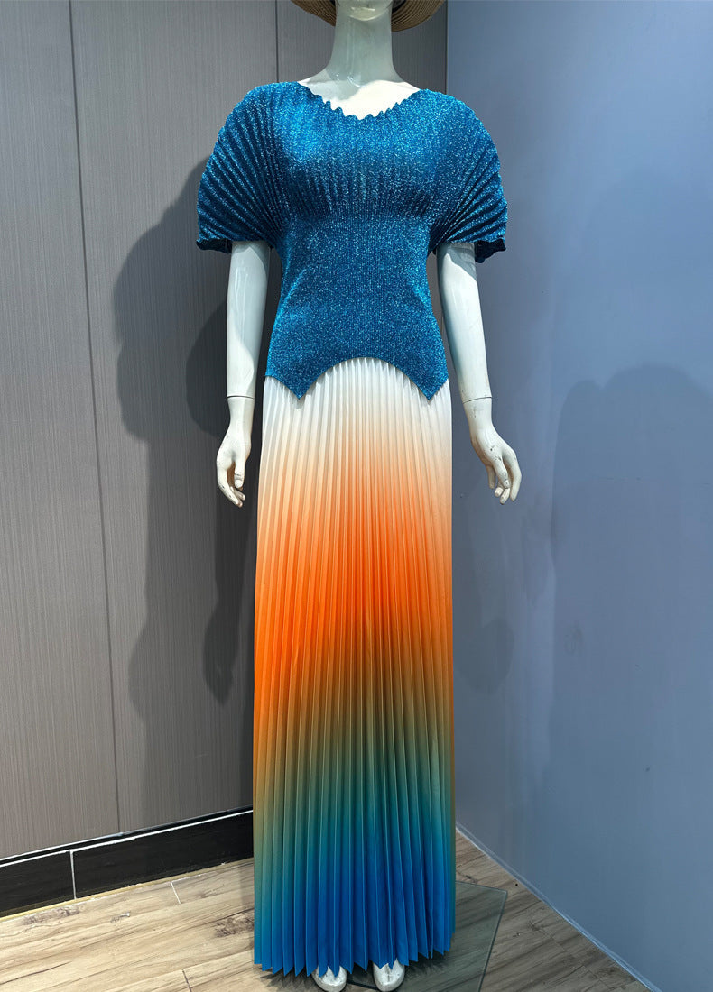 Women pleated v-neck sexy Shiny Top and gradient elegant Skirt two-piece set 9