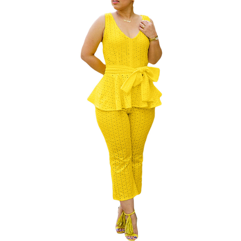 Women's Spring And Summer Solid Color Embroidered Cotton Belt Two-Piece Pants Set 9