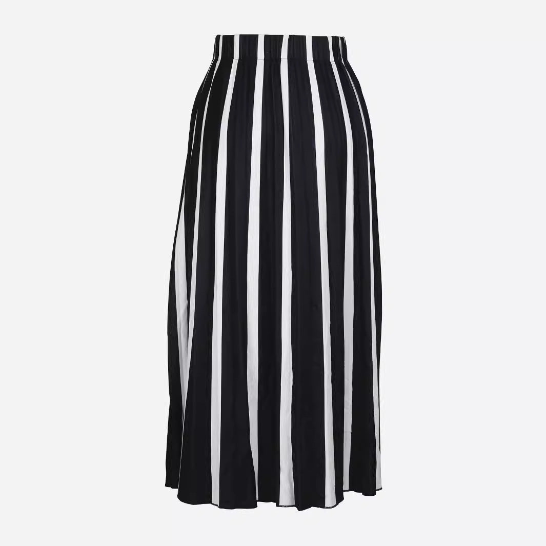 Spring Autumn Winter Knitting Color Blocking Fashion Pleated A-Line Long Skirt 5