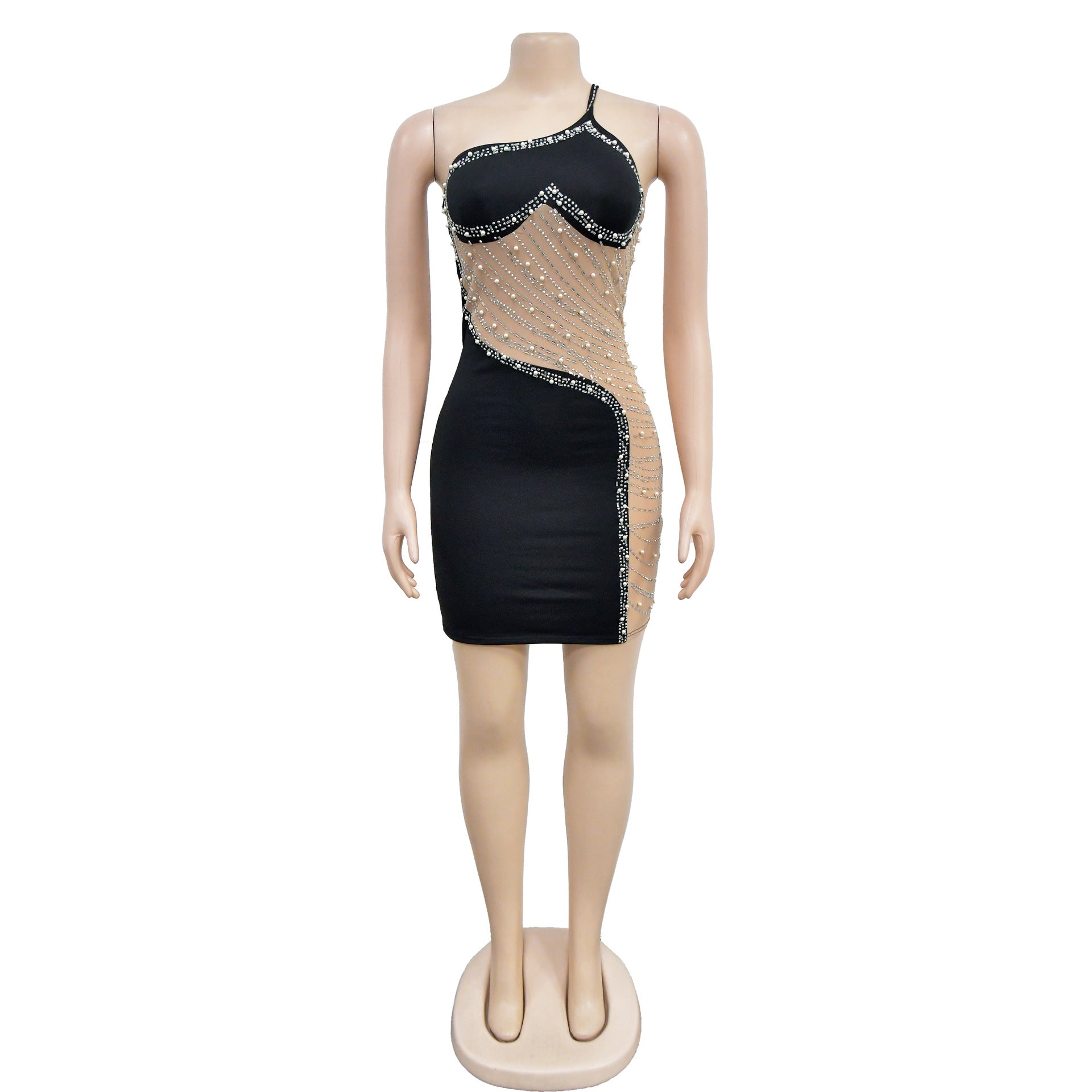 Women's Fashion Solid Color Mesh Beaded Straps Bodycon Dress 16