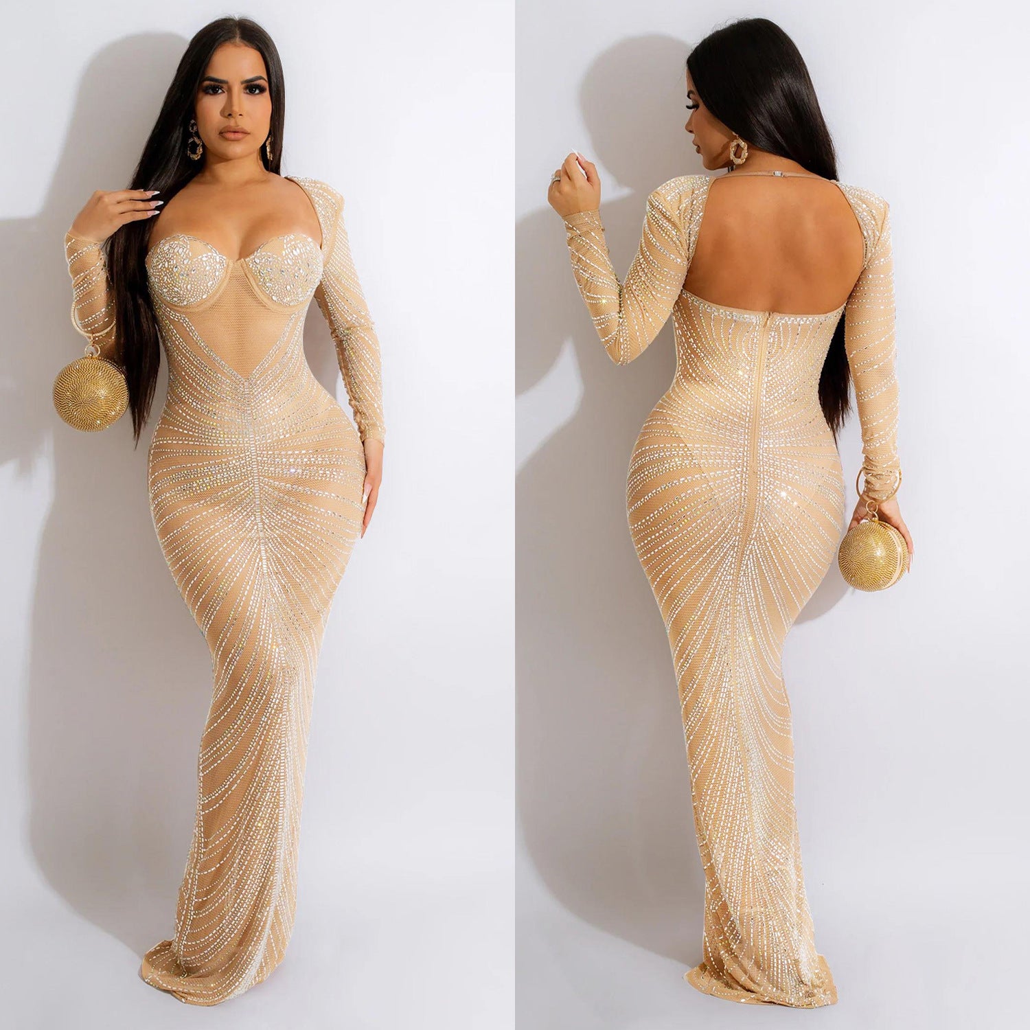 Fashion Women'S Rhinestone Beaded Mesh See-Through Long-Sleeve Backless Evening Party Long Dress 4