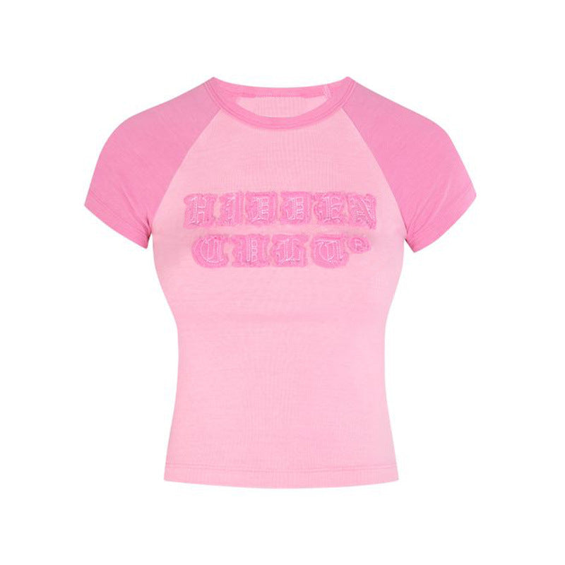 Women American style patchwork letter short-sleeved top and shorts two-piece set 13