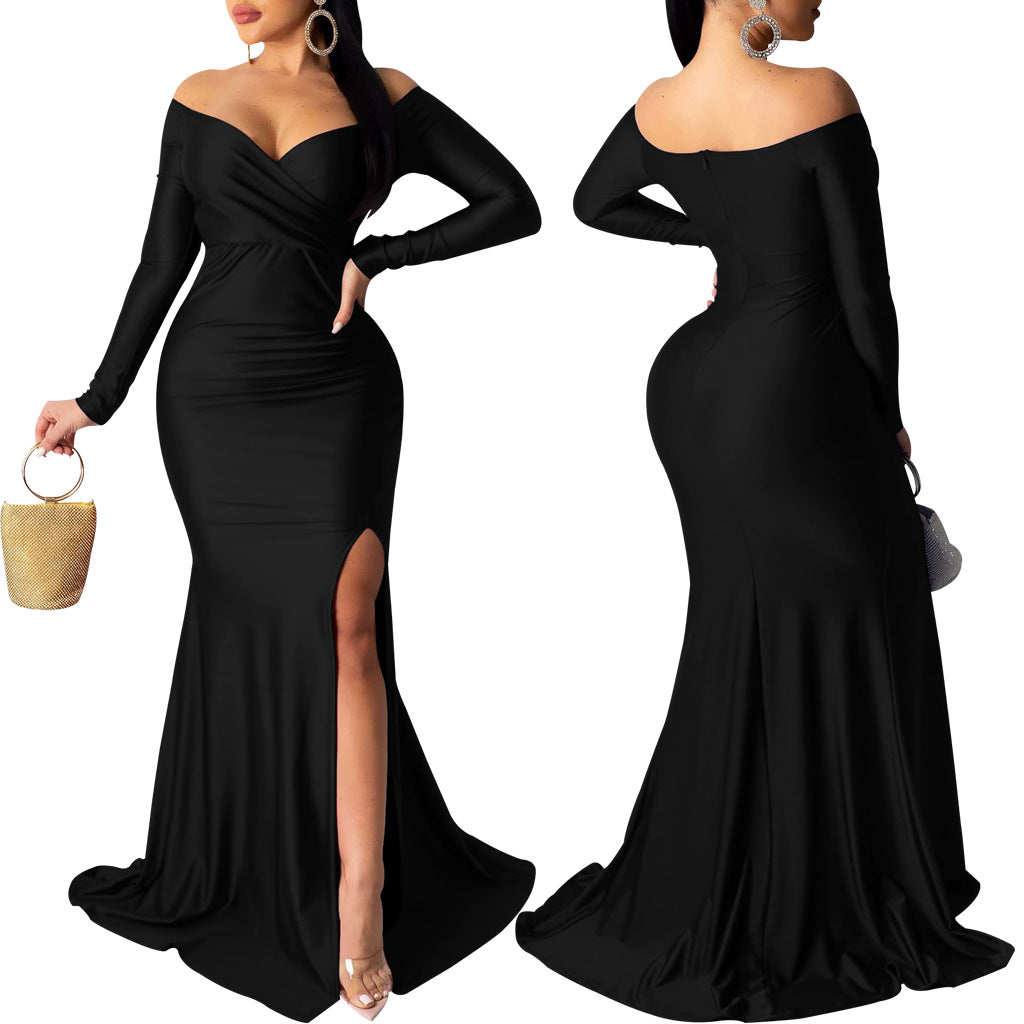 Sexy Fashion Big V-Neck Solid Off Shoulder Slit Evening Dress 5