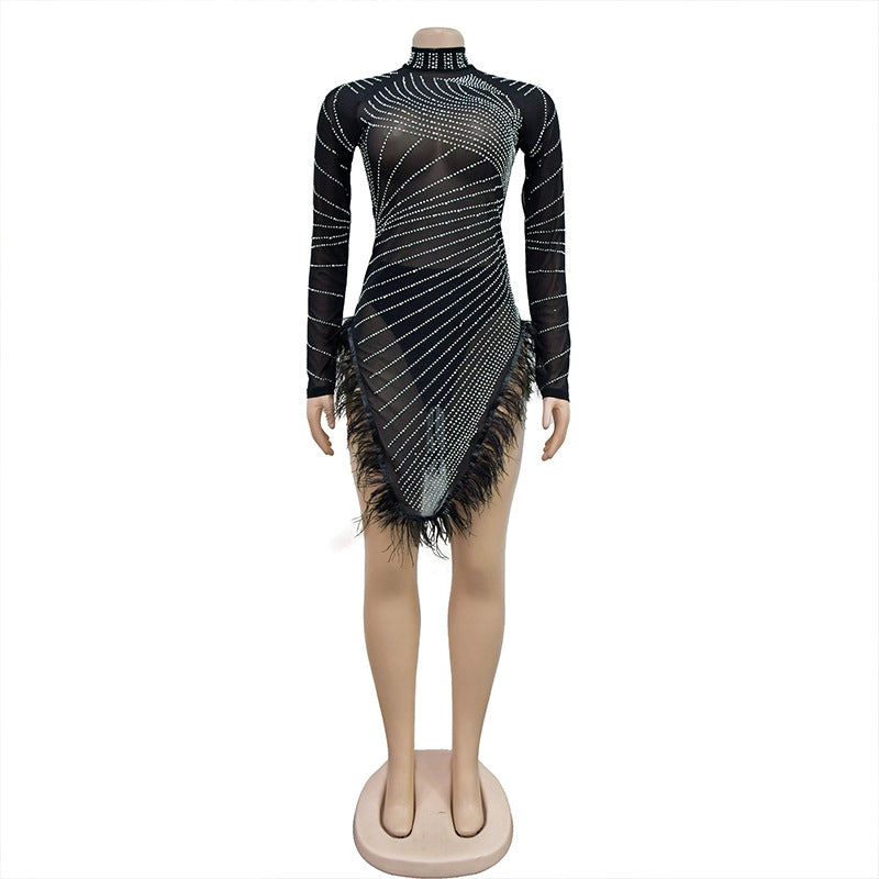 Spring Summer Women's Long-Sleeved Short Solid Color Beaded Mesh Feather Dress 8