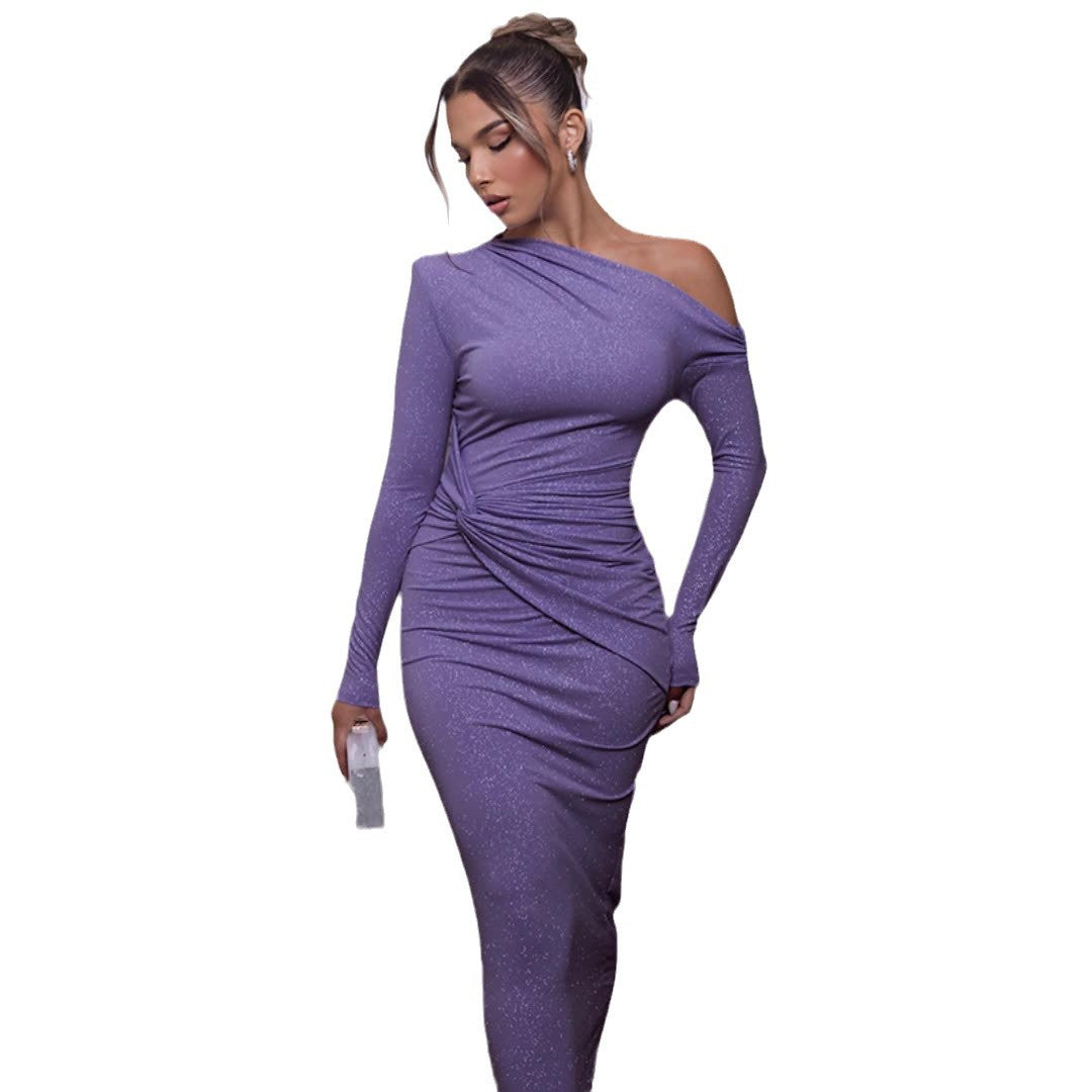 Women Fall and Winter Sexy Slash Shoulder Long Sleeve Bodycon Dress 7