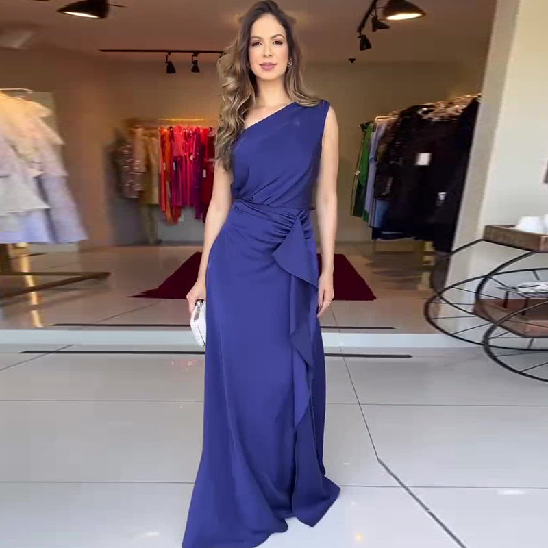 Summer Solid Color Fashion Slash Shoulder Slim Waist Chic Elegant Dress 4