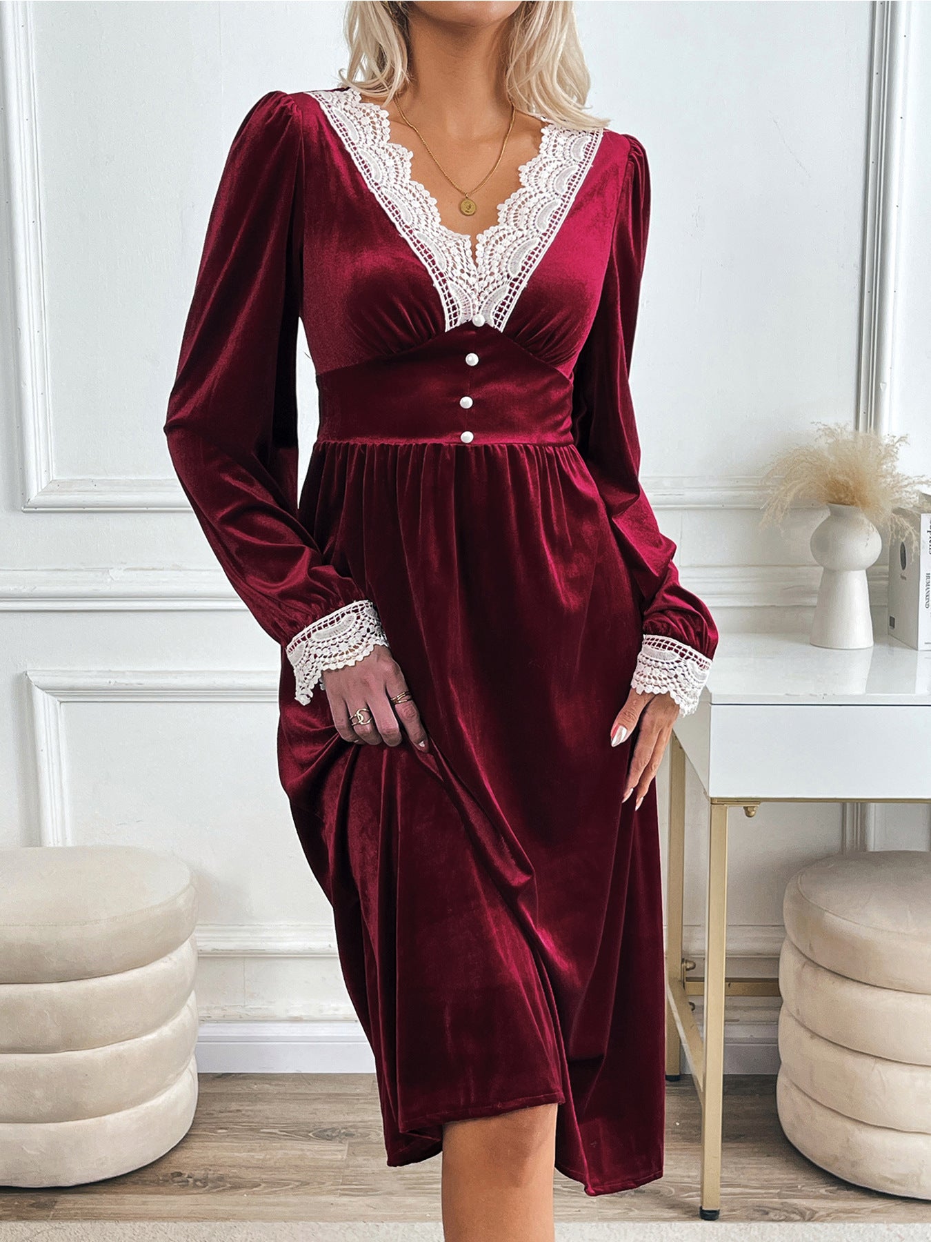 Women's Autumn Winter Contrasting Color Lace Velvet Patchwork Elegant Casual Dress 3