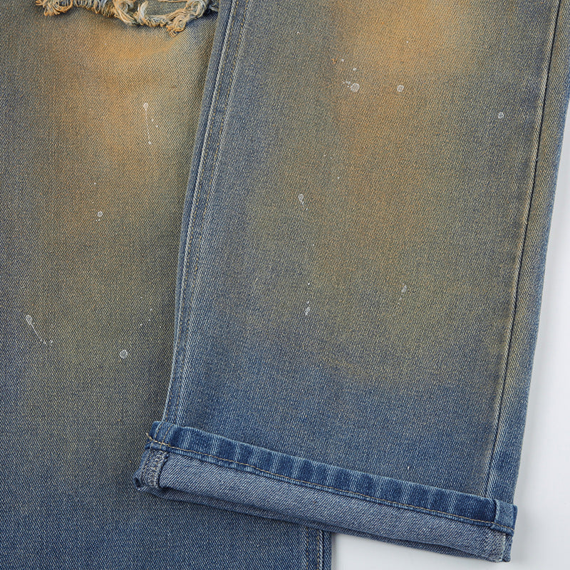 Women American Retro Gradient High Waist Ripped Splash Straight Denim Pants 16