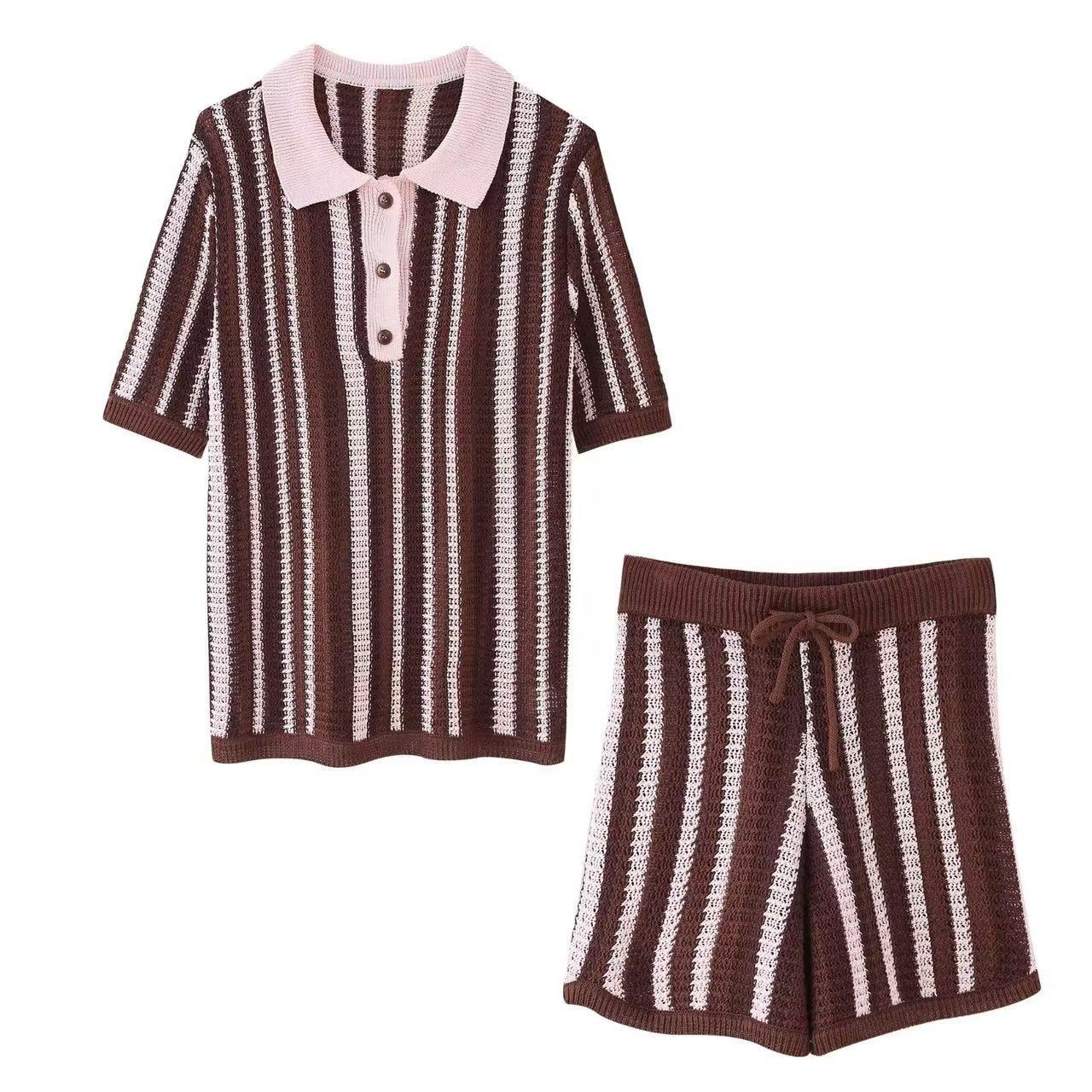 Fashion Striped Turndown Collar Short-Sleeve Top & Shorts Knit Set 9