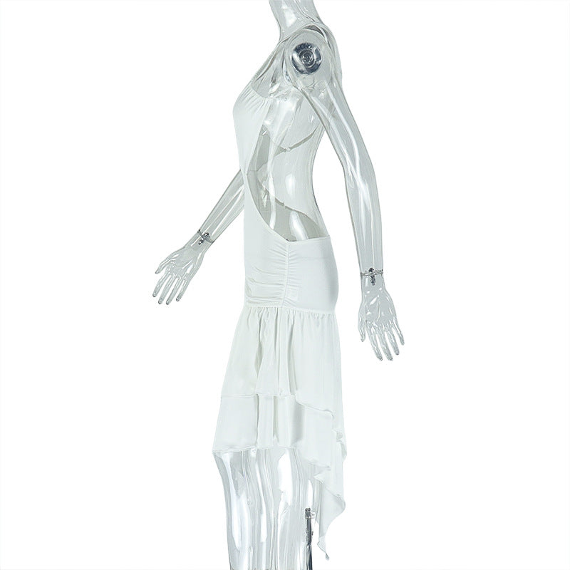 Women's Pleated Fashion Elegant Solid Color Slash Shoulder One Shoulder Strap Slit Irregular Dress 7