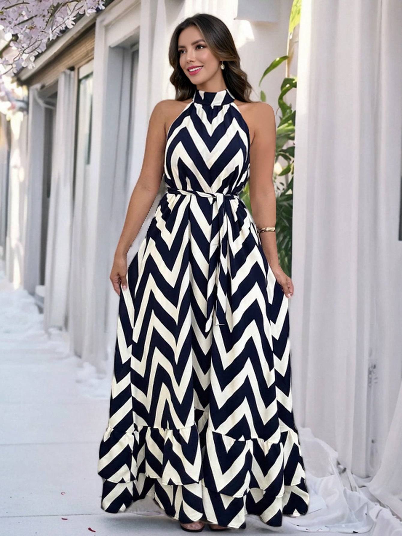 Women Sexy Sleeveless Stand Collar Wave Stripe Print Summer Maxi Dress 3