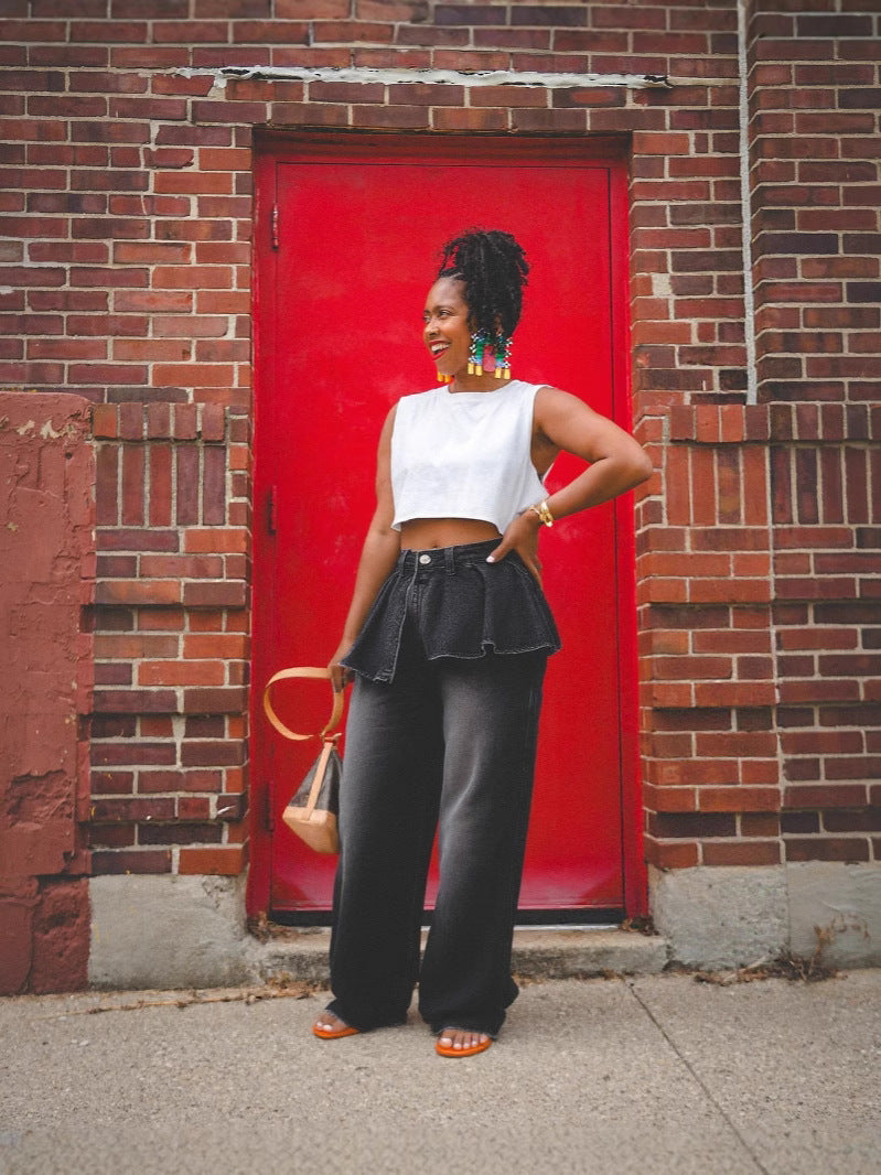 Women Irregular Pleated Denim Pants 3