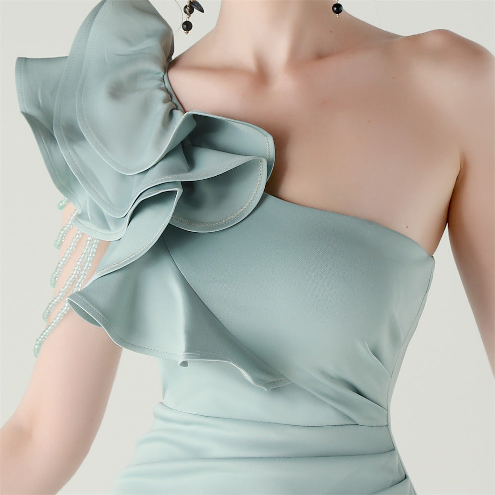 Women One-Shoulder Beaded Wool and Floral Satin Slit Sexy Evening Dress 61