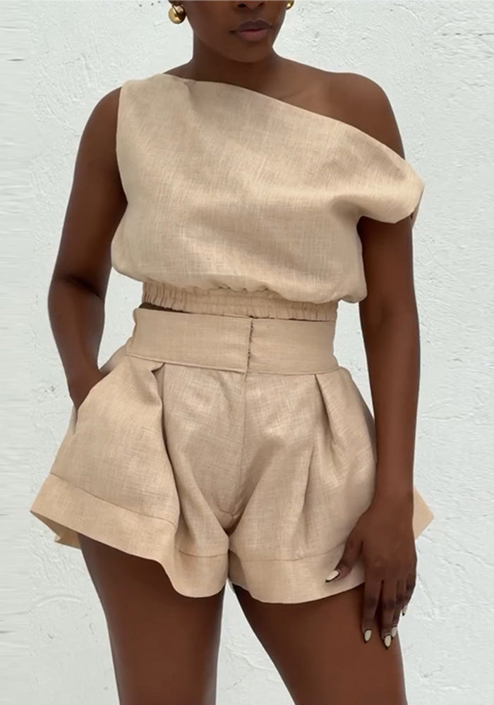 Women Summer Off Shoulder Shirt and Shorts Two-Piece Set