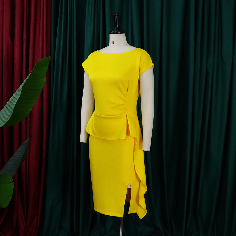 Women Summer Solid Pleated Ruffle Slit Bodycon Dress 11