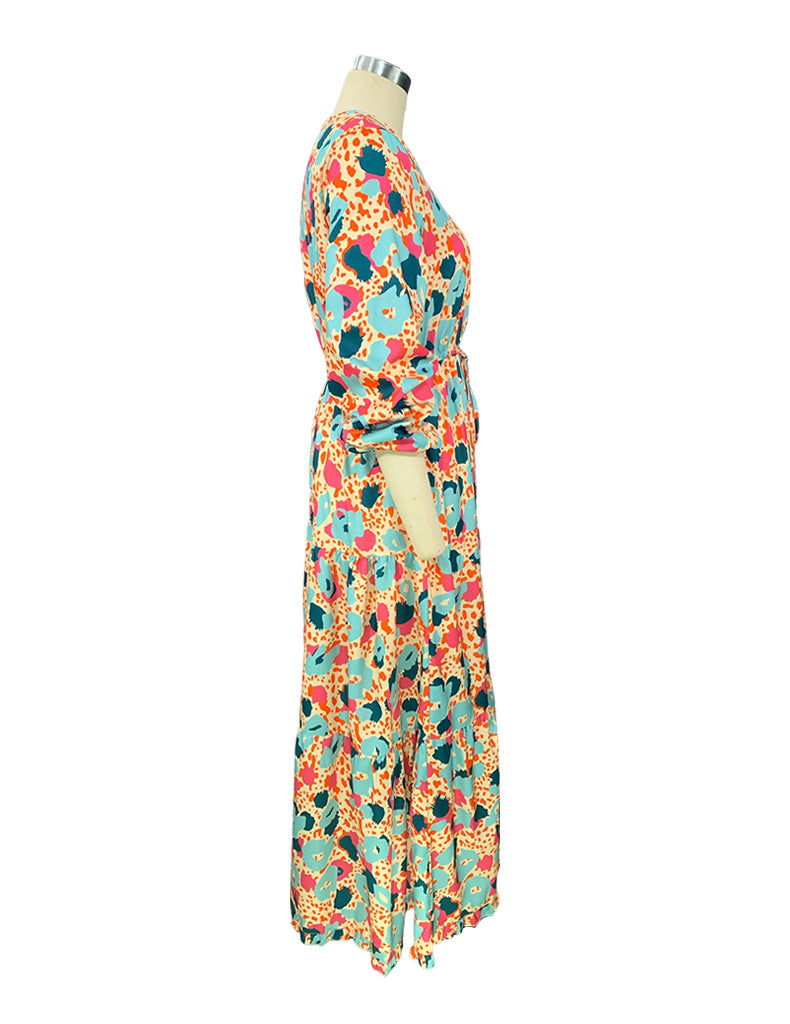 Fall Women V-Neck Long Sleeve Printed Loose Maxi Dress 7