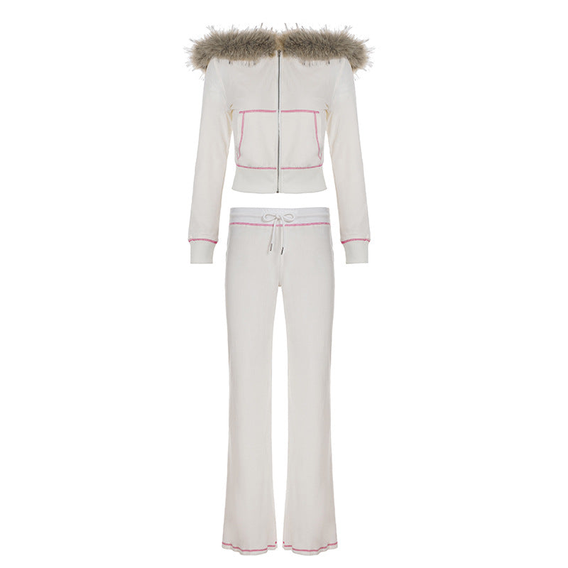 Women American-Style Fall/Winter Sport Velvet Letter Print Fur Collar Hooded Long-Sleeved Jacket and Pants Two-Piece Set 12
