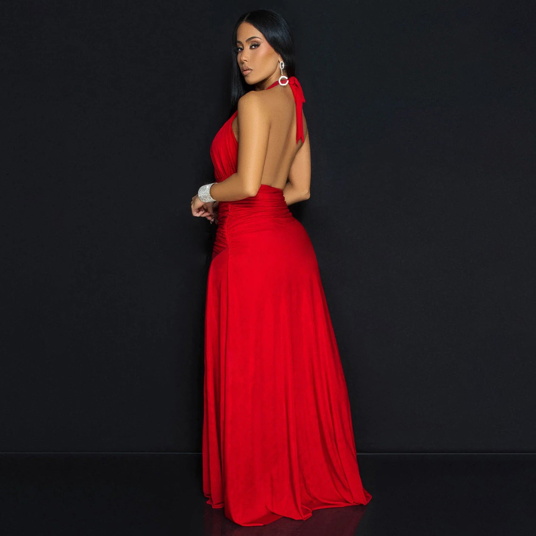 Sexy Red Halter Neck Low Back High Slit Long Dress