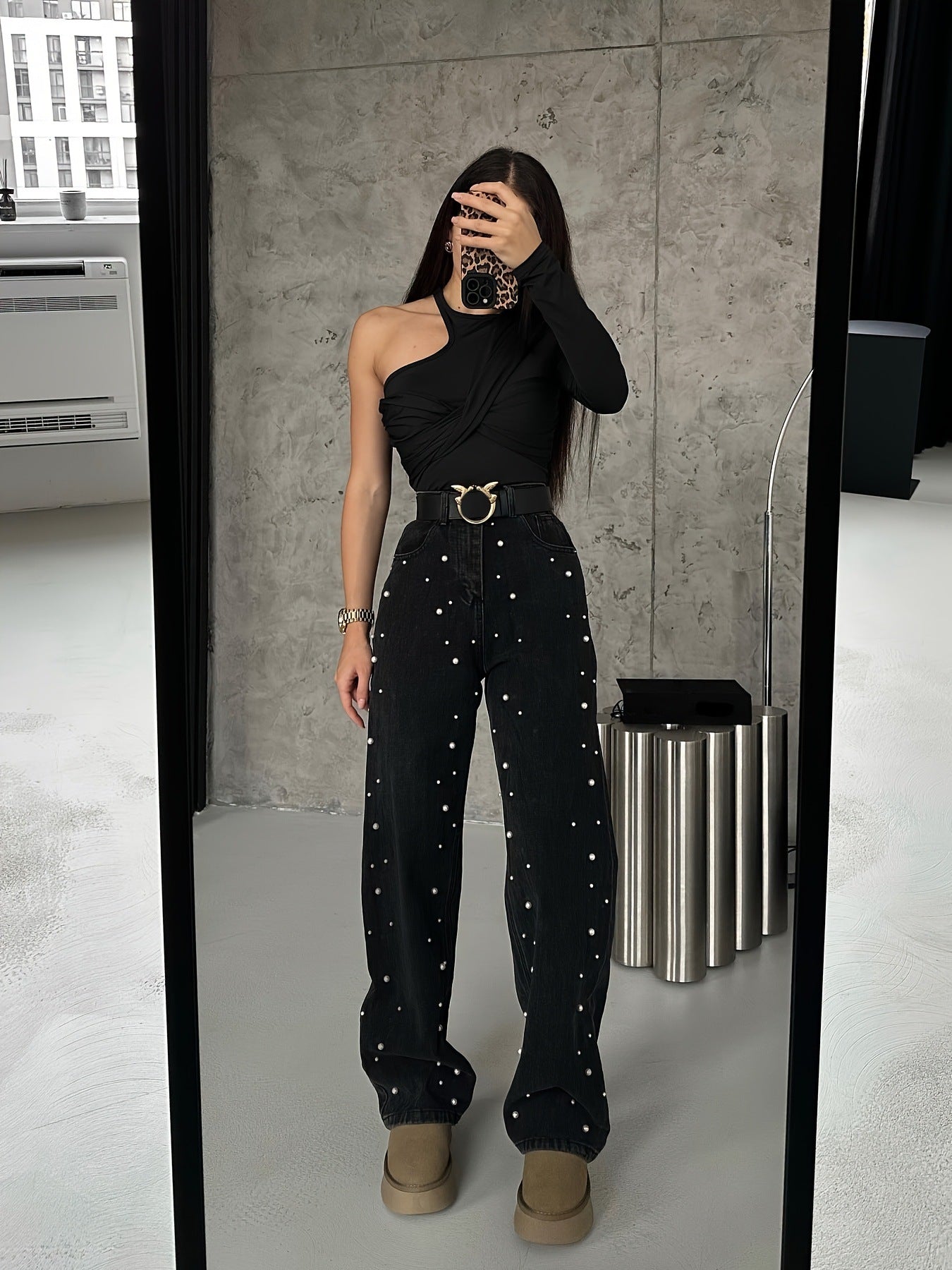 Women's Slight Stretch Beaded Casual Black Denim Straight Leg Pants 3