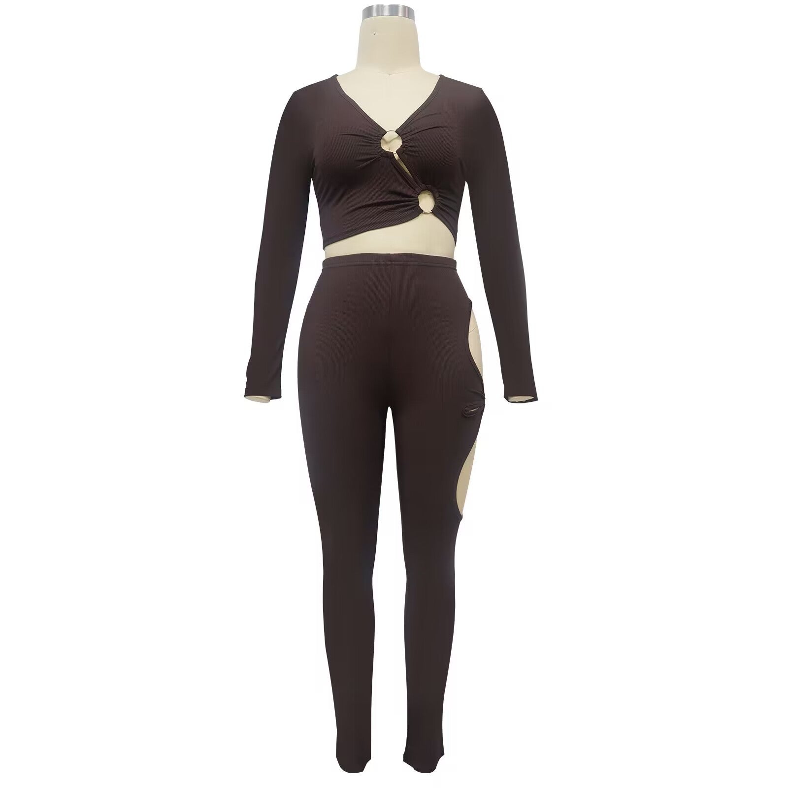 Fashionable Women's Solid Color High-Stretch Ribbed Sexy V-Neck Two-Piece Pants Set 9