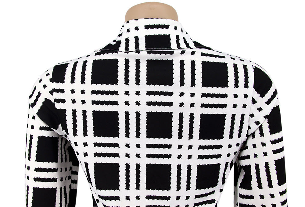 Fashionable Spring Turndown Collar Slim Puff Sleeve Women's Plaid Print Jumpsuit 20