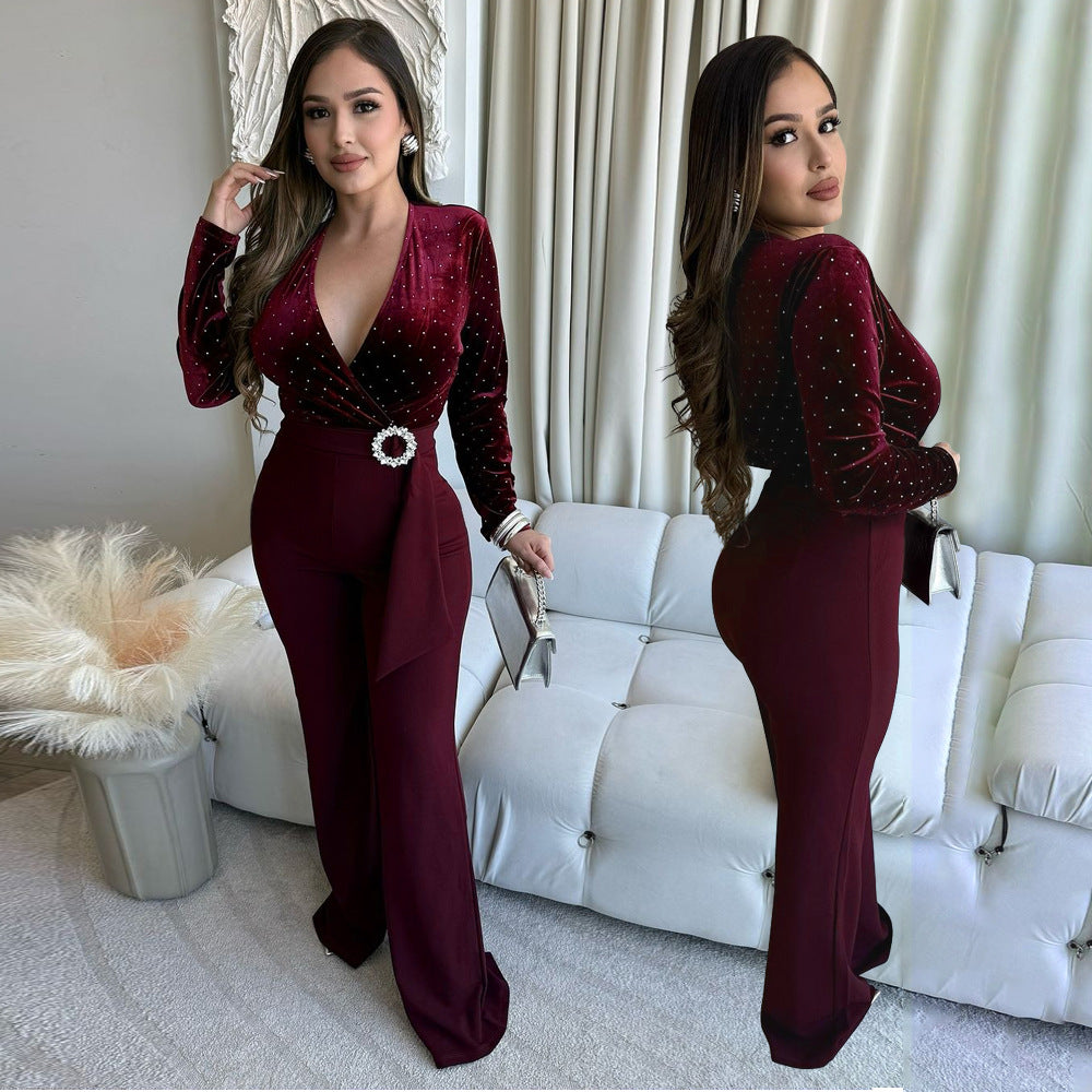 Women sexy v-neck long-sleeved Beaded wide-leg Jumpsuit